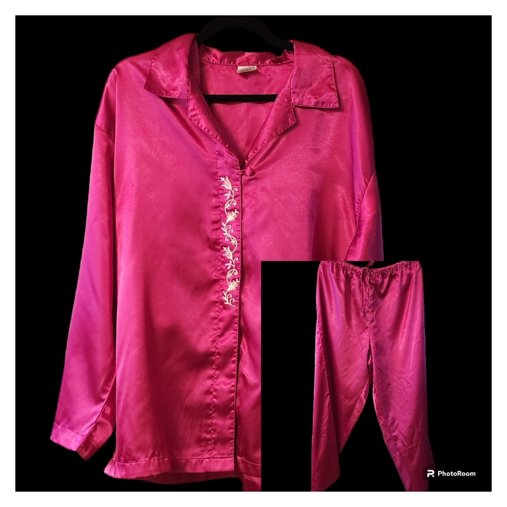 Vtg. Hot Pink Satin Pajama Pant Set  1X